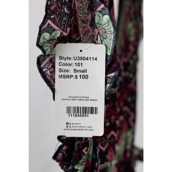 Suzanne Betro Size Small Dress Maxi Ruffled Trim V-neck Bohemian NWT - Picture 8 of 8